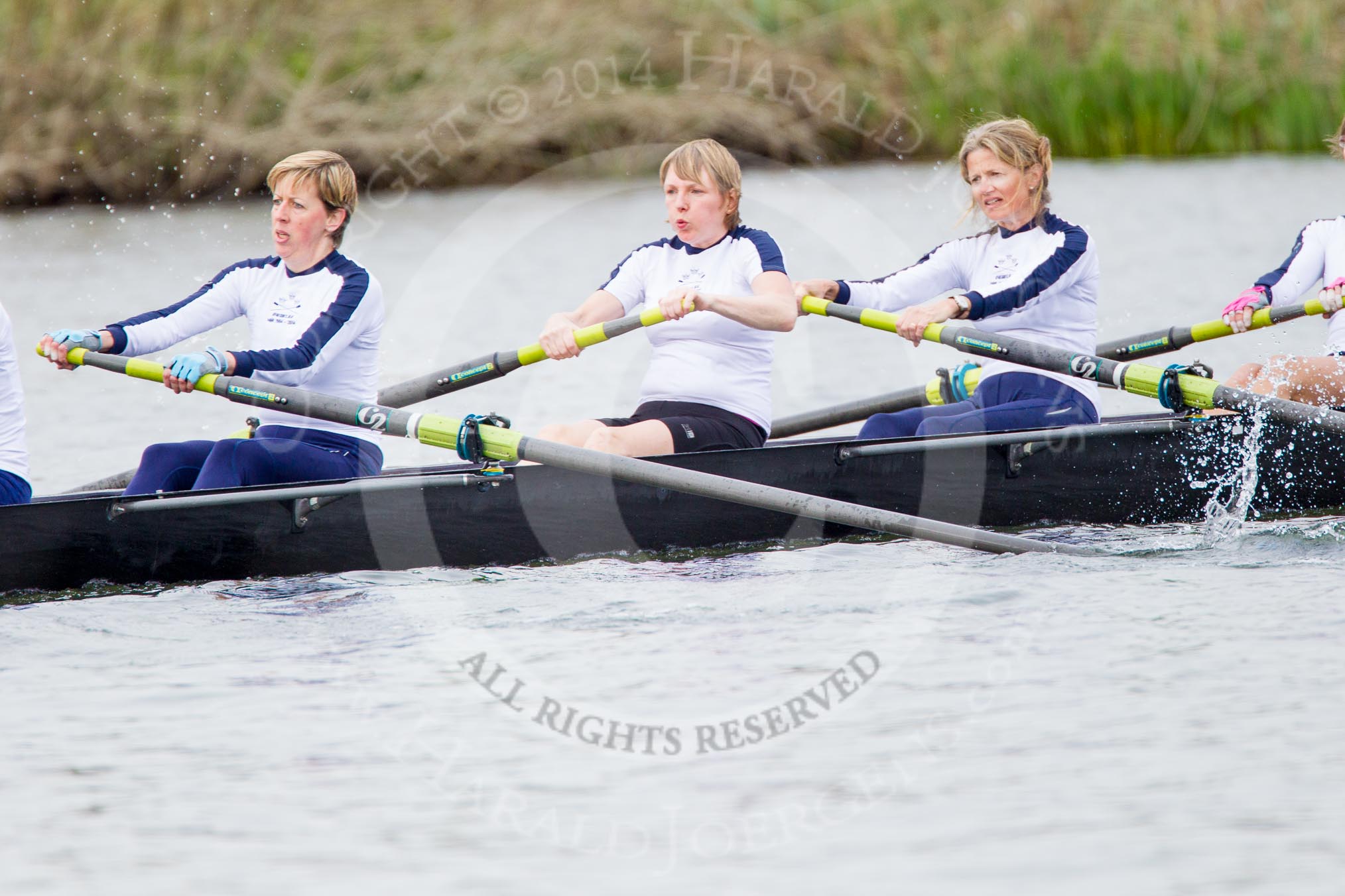 The Women's Boat Race and Henley Boat Races 2014: The Commemorative Row Past of the 1984 inaugural crews of the Oxford and Cambridge Women’s Lightweight races, to celebrate 30 years at Henley: In the OUWBC boat stroke Alison Salvesen, 7 Diana Mountain, 6 Susannah Pulhams (Knight), 5 Ali Johansen (Blythe-Brook)..
River Thames,
Henley-on-Thames,
Buckinghamshire,
United Kingdom,
on 30 March 2014 at 15:55, image #455
