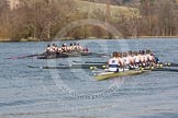 Photo 1403301400091D2137862HaraldJoergens The Women's Boat Race and Henley Boat Races 2014: After the Intercollegiate men's race, the two boats returning to the start. Downing College (Cambridge, on the left) and Oriel College (Oxford)..
River Thames,
Henley-on-Thames,
Buckinghamshire,
United Kingdom,
on 30 March 2014 at 14:00, image #119