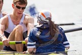 The Women's Boat Race and Henley Boat Races 2014: The Intercollegiate Men 's Race, stroke Rufus Stirling and cox Rebecca Preece..
River Thames,
Henley-on-Thames,
Buckinghamshire,
United Kingdom,
on 30 March 2014 at 14:00, image #128