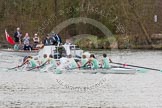 The Women's Boat Race and Henley Boat Races 2014: The umpire's launch, with a TV cameraman in front, and the press launch, with race commentator Robert Treharne Jones staning, are following the Lightweight Women's Boat Race..
River Thames,
Henley-on-Thames,
Buckinghamshire,
United Kingdom,
on 30 March 2014 at 14:49, image #227