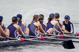 The Women's Boat Race and Henley Boat Races 2014: After the Lightweight Women's Boat Race, the OUWLRC boat on the way back: Bow Sophie Tomlinson, 2 Kirstin Rilham, 3 Rebecca Lane, 4 Nicky Huskens, 5 Sophie Philbrick, 6 Zoe Cooper-Sutton, 7 Emma Clifton, stroke  Suzanne Cole, cox  Lea Carrot..
River Thames,
Henley-on-Thames,
Buckinghamshire,
United Kingdom,
on 30 March 2014 at 14:57, image #263