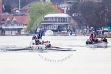The Women's Boat Race and Henley Boat Races 2014: The Lightweight Men's Boat Race - OULRC vs CULRC, Oxford is on the right (Bucks) side, behind the boats is the umpire's launch, on the right the press boat..
River Thames,
Henley-on-Thames,
Buckinghamshire,
United Kingdom,
on 30 March 2014 at 15:39, image #359