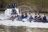 The Women's Boat Race and Henley Boat Races 2014: The Lightweight Men's Boat Race - OULRC vs CULRC, The Oxford boat is followed by the umpire's launch, with a TC cameraman in the front..
River Thames,
Henley-on-Thames,
Buckinghamshire,
United Kingdom,
on 30 March 2014 at 15:40, image #375