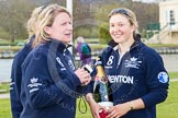 The Women's Boat Race and Henley Boat Races 2014: Christine Wilson, OUWBC Chief Coach, with OUWBC president Maxie Scheske and a bottle of Bollinger Champagne..
River Thames,
Henley-on-Thames,
Buckinghamshire,
United Kingdom,
on 30 March 2014 at 17:15, image #539