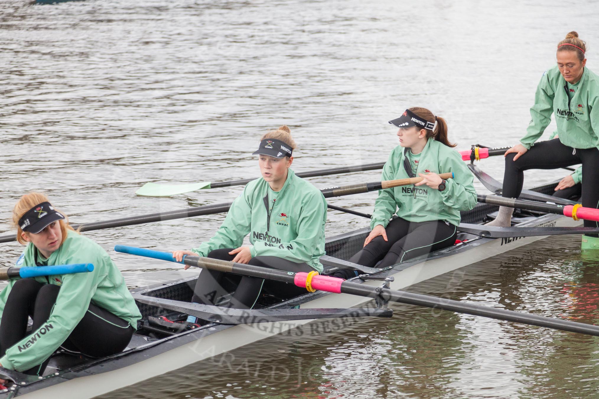 The Boat Race season 2016 - Women's Boat Race Trial Eights (CUWBC, Cambridge): Lucy Pike (5), Alice Jackson (4), Rachel Elwood (3), and, standing, Evelyn Boettcher, 2 seat in "Tideway".
River Thames between Putney Bridge and Mortlake,
London SW15,

United Kingdom,
on 10 December 2015 at 10:19, image #23