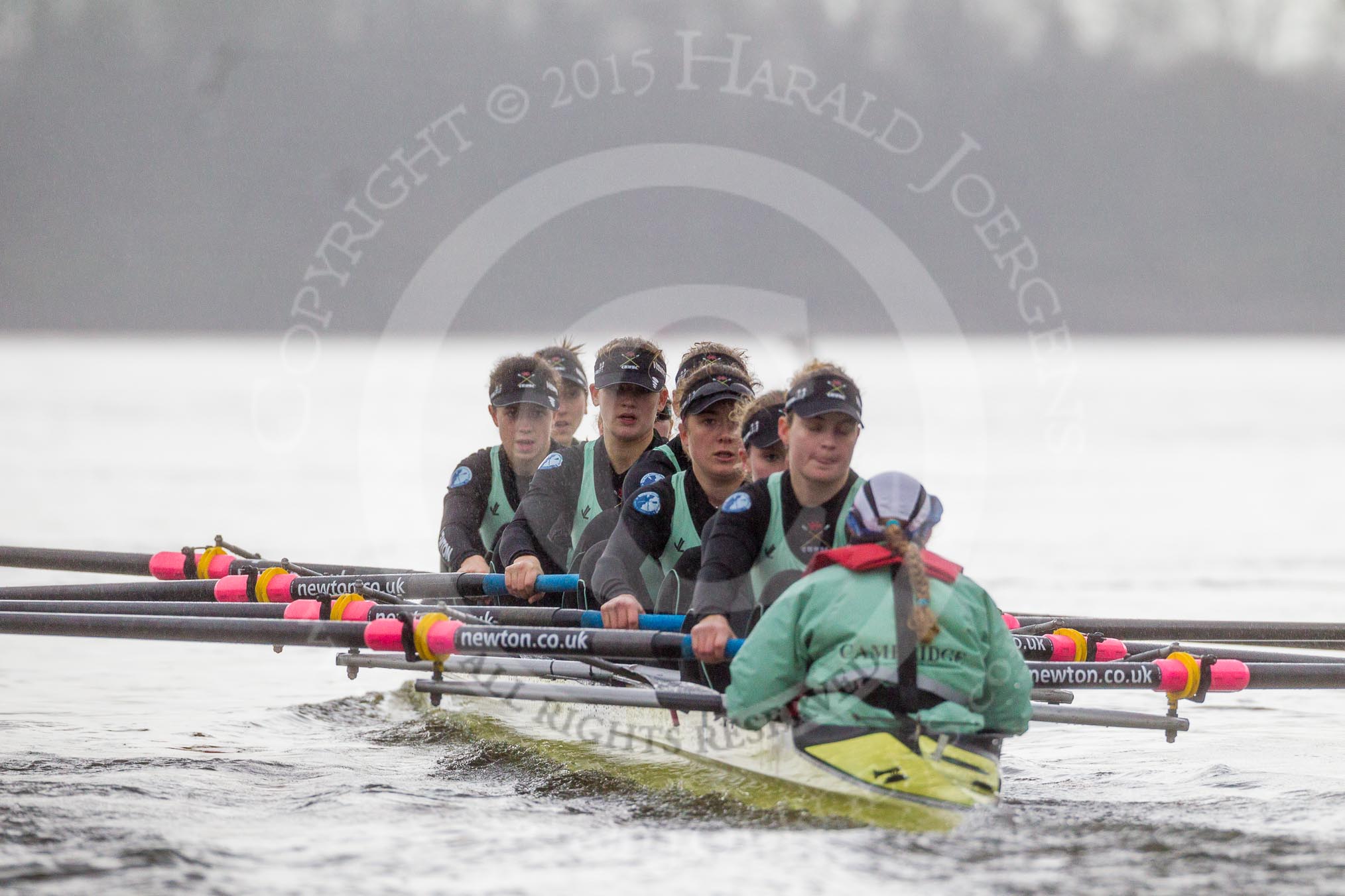 The Boat Race season 2016 - Women's Boat Race Trial Eights (CUWBC, Cambridge): "Twickenham" during the race, cox-Rosemary Ostfeld, stroke-Myriam Goudet, 7-Caroline Habjan, 6-Fiona Macklin, 5-Hannah Roberts, 4-Sarah Carlotti, 3-Ashton Brown, 2-Imogen Grant, bow-Dorottya Nagy.
River Thames between Putney Bridge and Mortlake,
London SW15,

United Kingdom,
on 10 December 2015 at 11:04, image #49