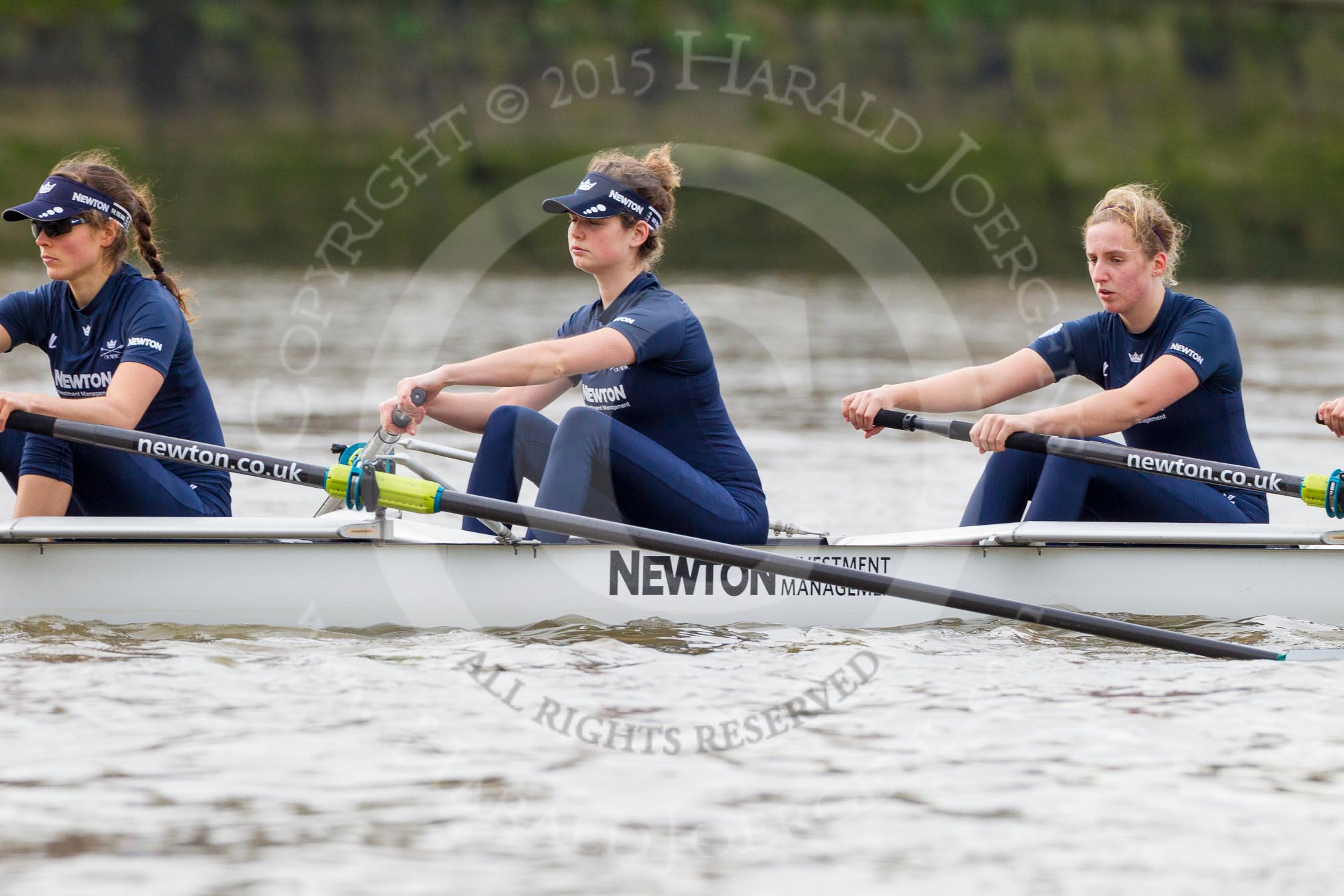 The Boat Race season 2016 - Women's Boat Race Trial Eights (OUWBC, Oxford): "Scylla" ready for the start of the race, here 7-Lauren Kedar, 6-Joanne Jansen, 5-Anastasia Chitty.
River Thames between Putney Bridge and Mortlake,
London SW15,

United Kingdom,
on 10 December 2015 at 12:18, image #131