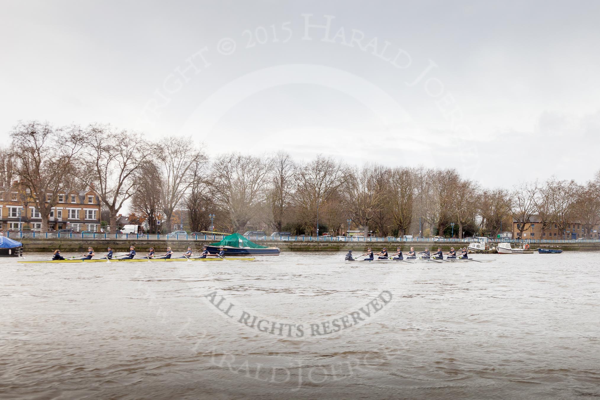The Boat Race season 2016 - Women's Boat Race Trial Eights (OUWBC, Oxford): "Charybdis" and "Scylla" at the boathouses, with "Scylla" leading.
River Thames between Putney Bridge and Mortlake,
London SW15,

United Kingdom,
on 10 December 2015 at 12:19, image #161