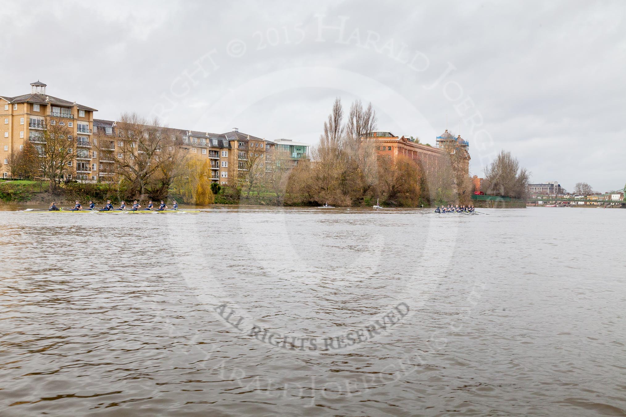 The Boat Race season 2016 - Women's Boat Race Trial Eights (OUWBC, Oxford): "Charybdis" and "Scylla" approaching Harrods Depository, "Scylla" is leading by several length.
River Thames between Putney Bridge and Mortlake,
London SW15,

United Kingdom,
on 10 December 2015 at 12:23, image #198
