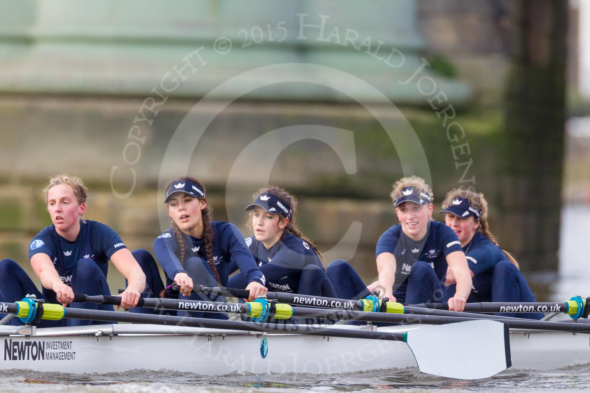 The Boat Race season 2016 - Women's Boat Race Trial Eights (OUWBC, Oxford): "Scylla" passing Hammersmith Bridge, here 5-Anastasia Chitty, 4-Rebecca Te Water Naude, 3-Elettra Ardissino, 2-Merel Lefferts, bow-Issy Dodds.
River Thames between Putney Bridge and Mortlake,
London SW15,

United Kingdom,
on 10 December 2015 at 12:25, image #209