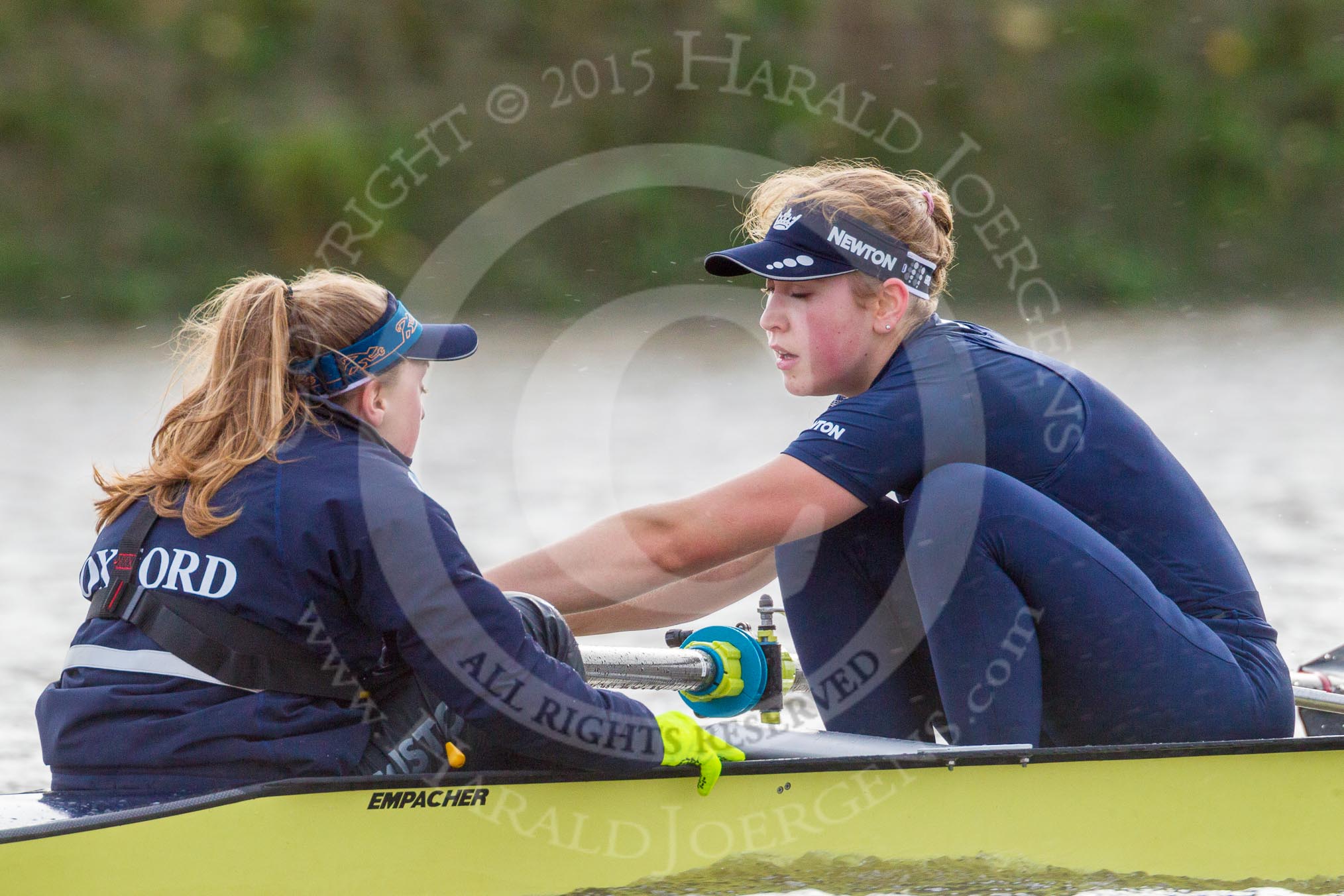 The Boat Race season 2016 - Women's Boat Race Trial Eights (OUWBC, Oxford): "Charybdis" , here Cox-Morgan Baynham-Williams, stroke-Kate Erickson.
River Thames between Putney Bridge and Mortlake,
London SW15,

United Kingdom,
on 10 December 2015 at 12:28, image #244