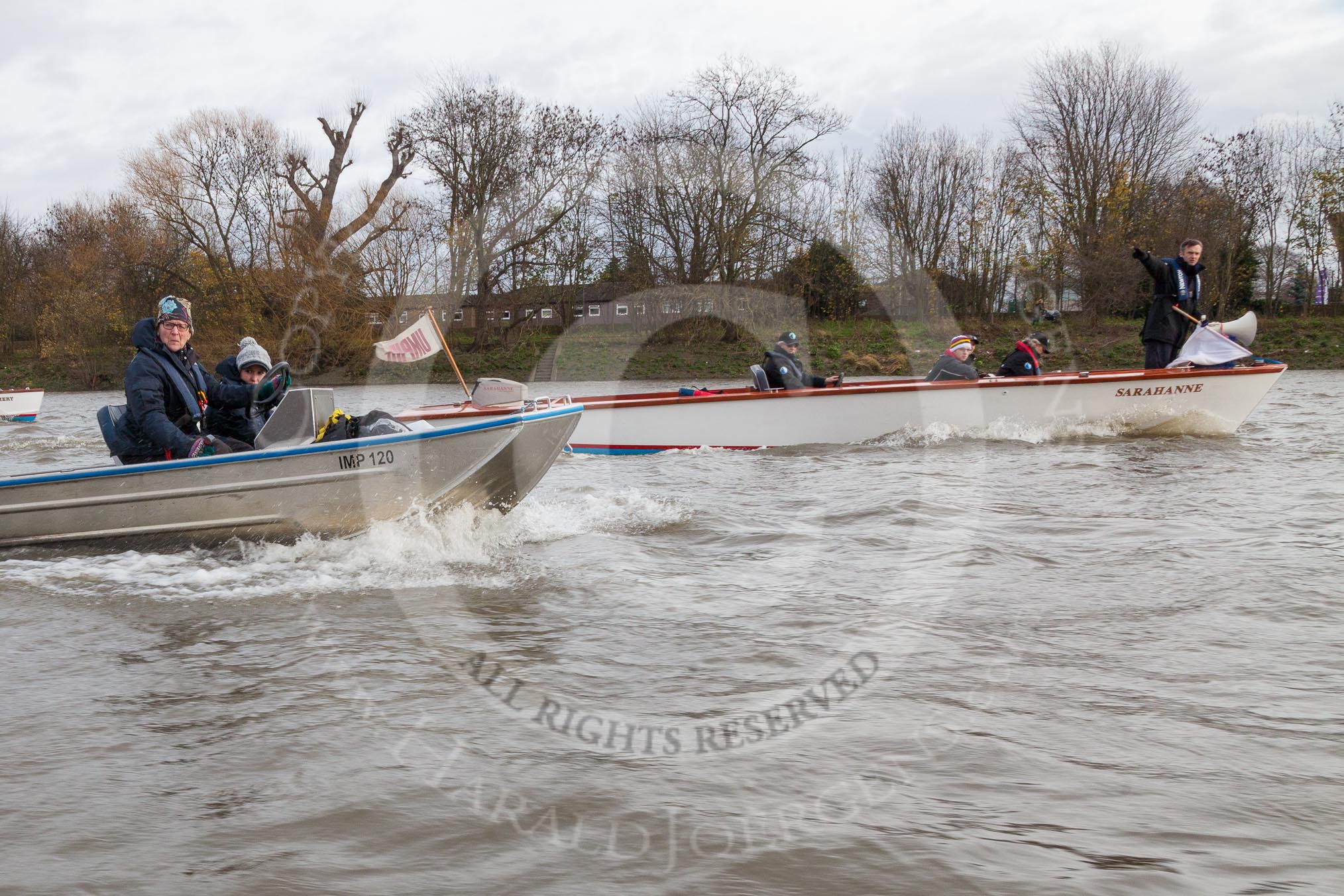 The Boat Race season 2016 - Women's Boat Race Trial Eights (OUWBC, Oxford): OUWBC Head Coach Christine Wilson following the race in the tin boat, behind the umpire's launch with race umpire Rob Clegg.
River Thames between Putney Bridge and Mortlake,
London SW15,

United Kingdom,
on 10 December 2015 at 12:32, image #270