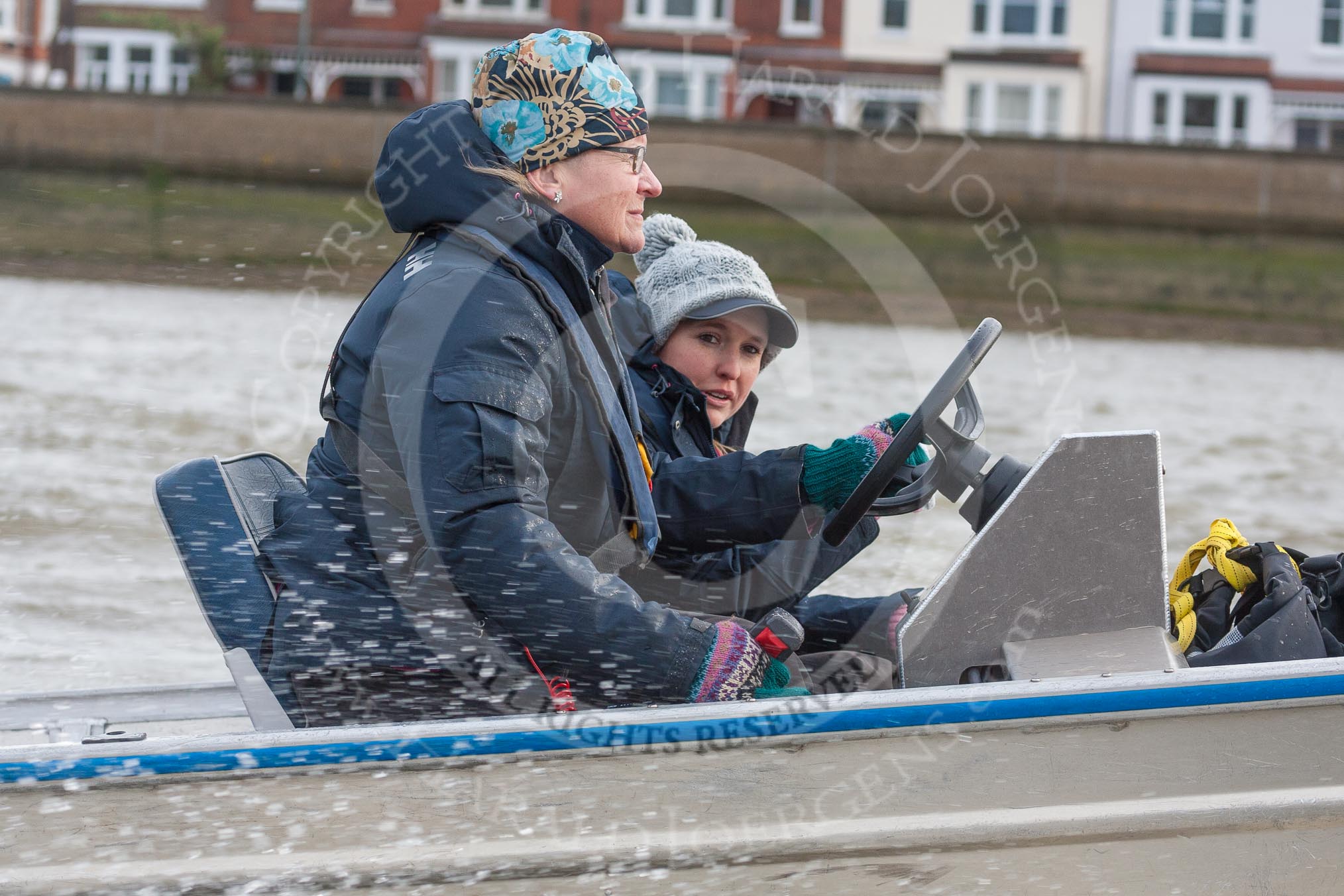 The Boat Race season 2016 - Women's Boat Race Trial Eights (OUWBC, Oxford): OUWBC Head Coach Christine Wilson following the race in the tin boat.
River Thames between Putney Bridge and Mortlake,
London SW15,

United Kingdom,
on 10 December 2015 at 12:33, image #286