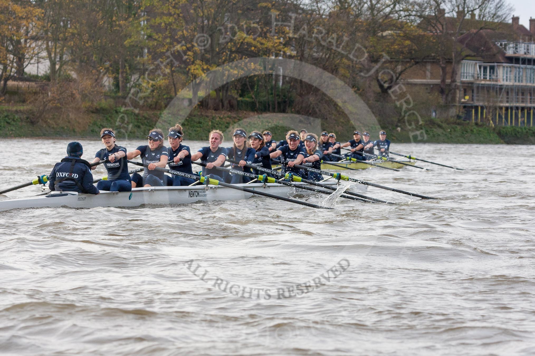 The Boat Race season 2016 - Women's Boat Race Trial Eights (OUWBC, Oxford): "Scylla" and "Charybdis" behind Barnes Railway Bridge, with "Charybdis" in the lead.
River Thames between Putney Bridge and Mortlake,
London SW15,

United Kingdom,
on 10 December 2015 at 12:35, image #301