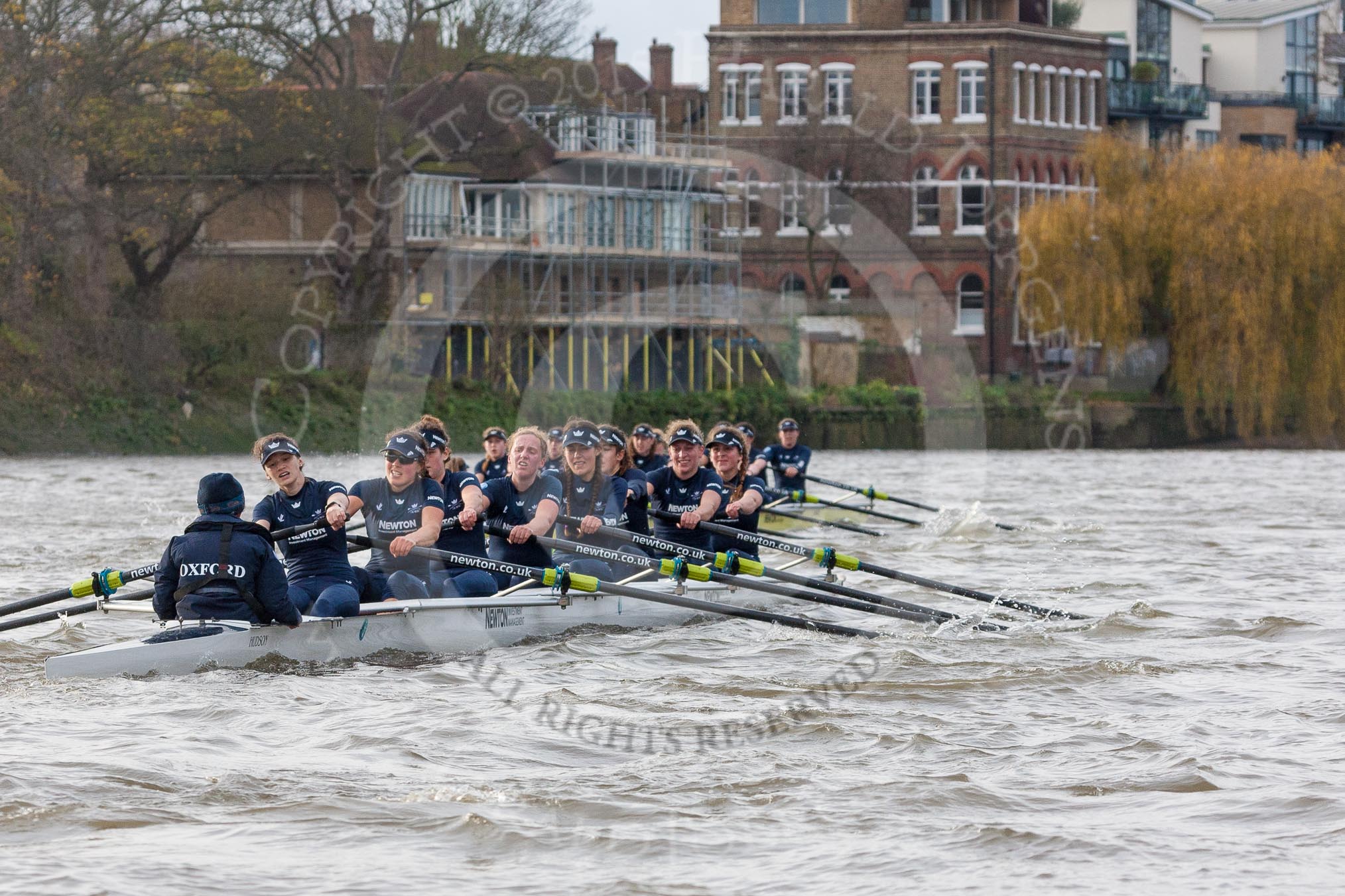 The Boat Race season 2016 - Women's Boat Race Trial Eights (OUWBC, Oxford): "Scylla" and "Charybdis" behind Barnes Railway Bridge, with "Charybdis" in the lead.
River Thames between Putney Bridge and Mortlake,
London SW15,

United Kingdom,
on 10 December 2015 at 12:35, image #303