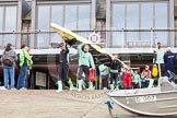 The Boat Race season 2016 - Women's Boat Race Trial Eights (CUWBC, Cambridge): CUWBC boat "Twickenham" is carried from Thames Rowing Club down to the river.
River Thames between Putney Bridge and Mortlake,
London SW15,

United Kingdom,
on 10 December 2015 at 10:15, image #4