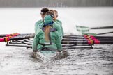 The Boat Race season 2016 - Women's Boat Race Trial Eights (CUWBC, Cambridge): Rear view of "Tideway" during the race, with "Twickenham" just in front on the right, cox-Olivia Godwin, stroke-Daphne Martschenko, 7-Thea Zabell, 6-Alexandra Wood, 5-Lucy Pike, 4-Alice Jackson, 3-Rachel Elwood, 2-Evelyn Boettcher, bow-Kate Baker.
River Thames between Putney Bridge and Mortlake,
London SW15,

United Kingdom,
on 10 December 2015 at 11:08, image #66