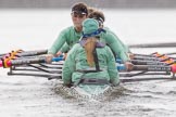 The Boat Race season 2016 - Women's Boat Race Trial Eights (CUWBC, Cambridge): Rear view of "Tideway" during the race, with "Twickenham" just in front on the right, cox-Olivia Godwin, stroke-Daphne Martschenko, 7-Thea Zabell, 6-Alexandra Wood, 5-Lucy Pike, 4-Alice Jackson, 3-Rachel Elwood, 2-Evelyn Boettcher, bow-Kate Baker.
River Thames between Putney Bridge and Mortlake,
London SW15,

United Kingdom,
on 10 December 2015 at 11:08, image #67