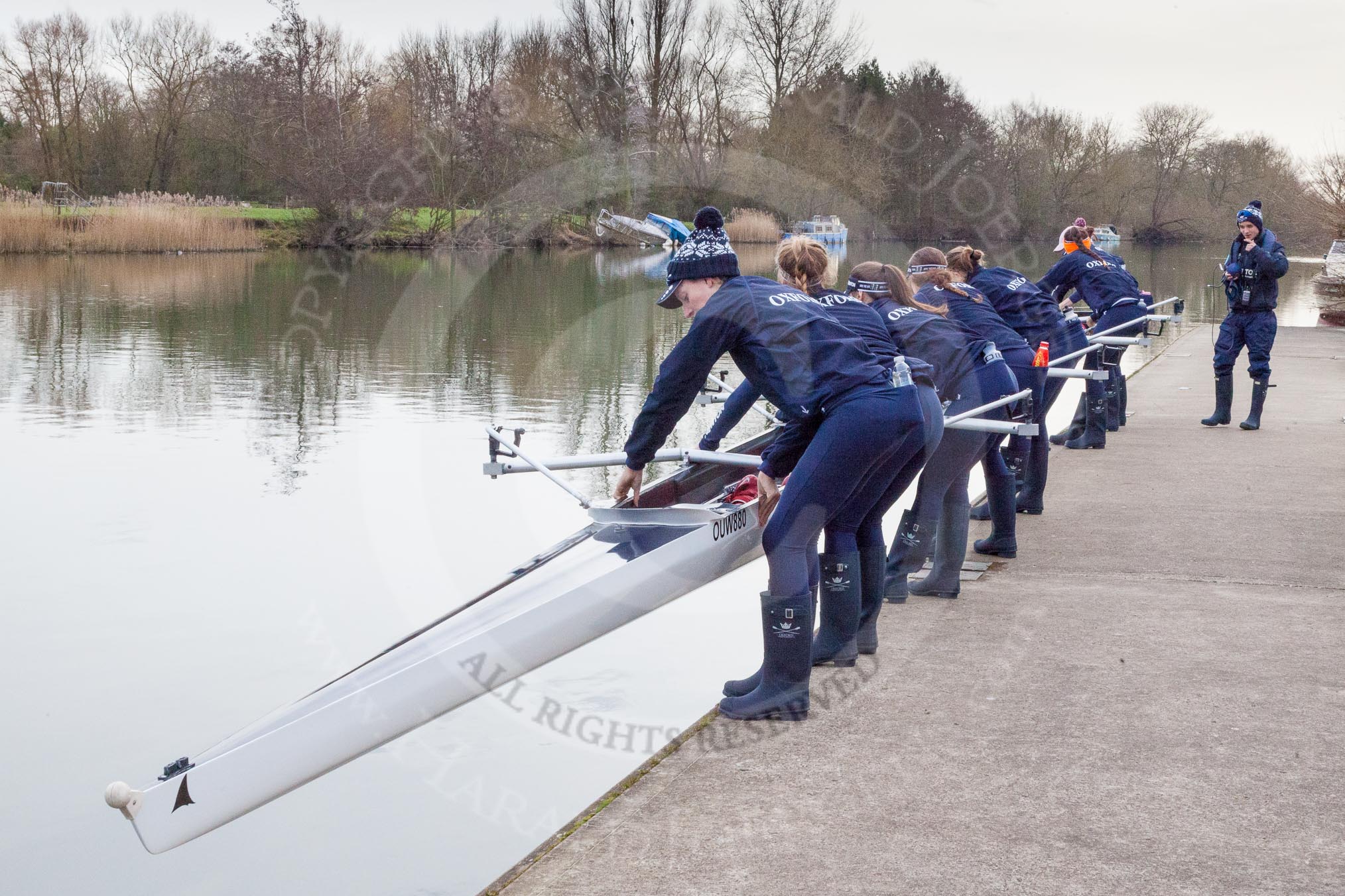 The Boat Race season 2016 - OUWBC training Wallingford: The crew of Osiris, the OUWBC reserve boat, getting readu for their training session.
River Thames,
Wallingford,
Oxfordshire,

on 29 February 2016 at 15:16, image #32