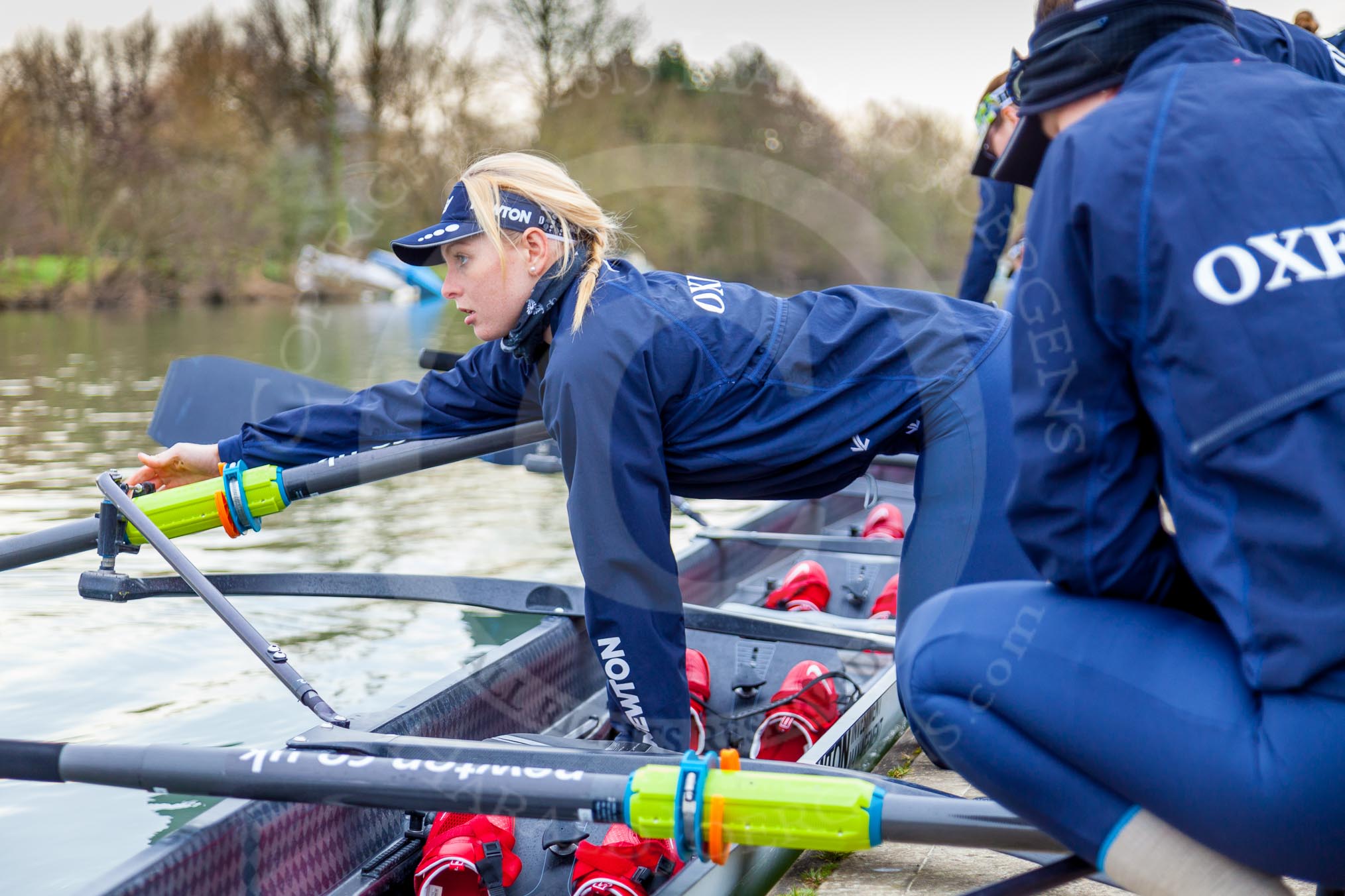 The Boat Race season 2016 - OUWBC training Wallingford: The OUWBC Blue Boat crew getting ready for their training session on the Thames at Wallingford, here 2 seat Emma Spruce.
River Thames,
Wallingford,
Oxfordshire,

on 29 February 2016 at 15:32, image #55