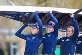 The Boat Race season 2016 - OUWBC training Wallingford: The OUWBC Blue Boat crew carrying their boat - Emma Lukasiewicz, Maddy Badcott, and Anastasia Chitty.
River Thames,
Wallingford,
Oxfordshire,

on 29 February 2016 at 15:30, image #47