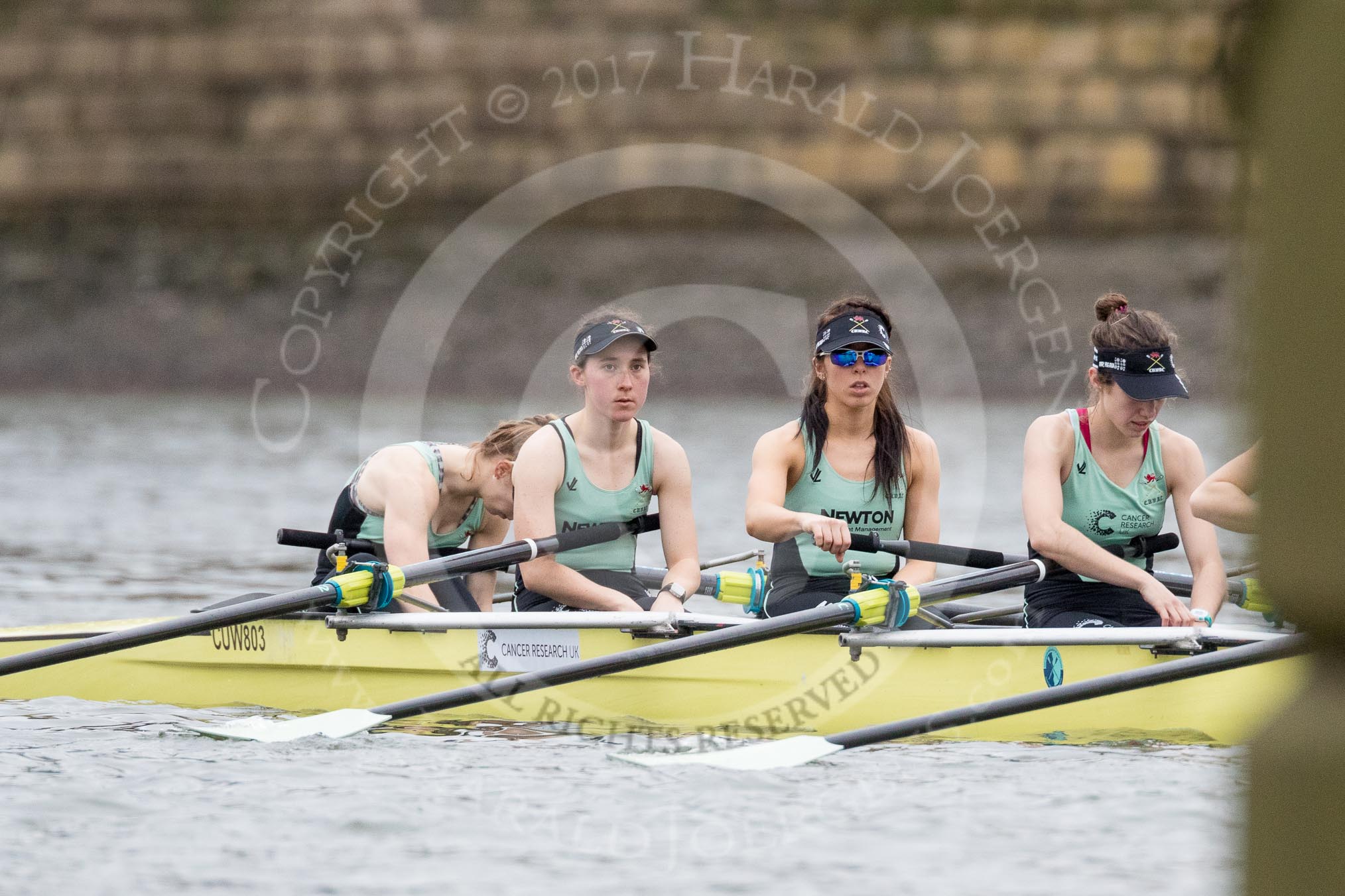 The Boat Race season 2017 - Women's Boat Race Fixture CUWBC vs Univerity of London: The CUWBC lightweight squad about tro race the UL 2nd eight, here bos - Ellie Thompson, 2 - Isobel Edwards, 3 - Rosie Boxall, 4 - Fenella McLuskie.
River Thames between Putney Bridge and Mortlake,
London SW15,

United Kingdom,
on 19 February 2017 at 15:45, image #24