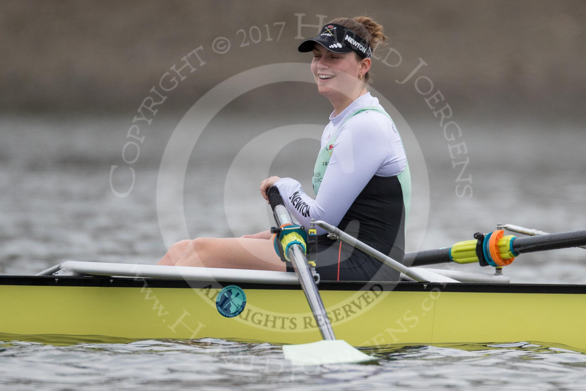 The Boat Race season 2017 - Women's Boat Race Fixture CUWBC vs Univerity of London: The CUWBC eight before the start of the race, here 7 - Myriam Goudet.
River Thames between Putney Bridge and Mortlake,
London SW15,

United Kingdom,
on 19 February 2017 at 15:53, image #36