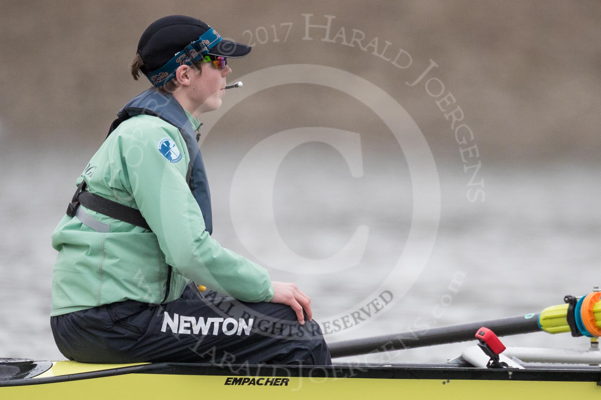 The Boat Race season 2017 - Women's Boat Race Fixture CUWBC vs Univerity of London: The CUWBC eight before the start of the race, here cox  Matthew Holland.
River Thames between Putney Bridge and Mortlake,
London SW15,

United Kingdom,
on 19 February 2017 at 15:53, image #38