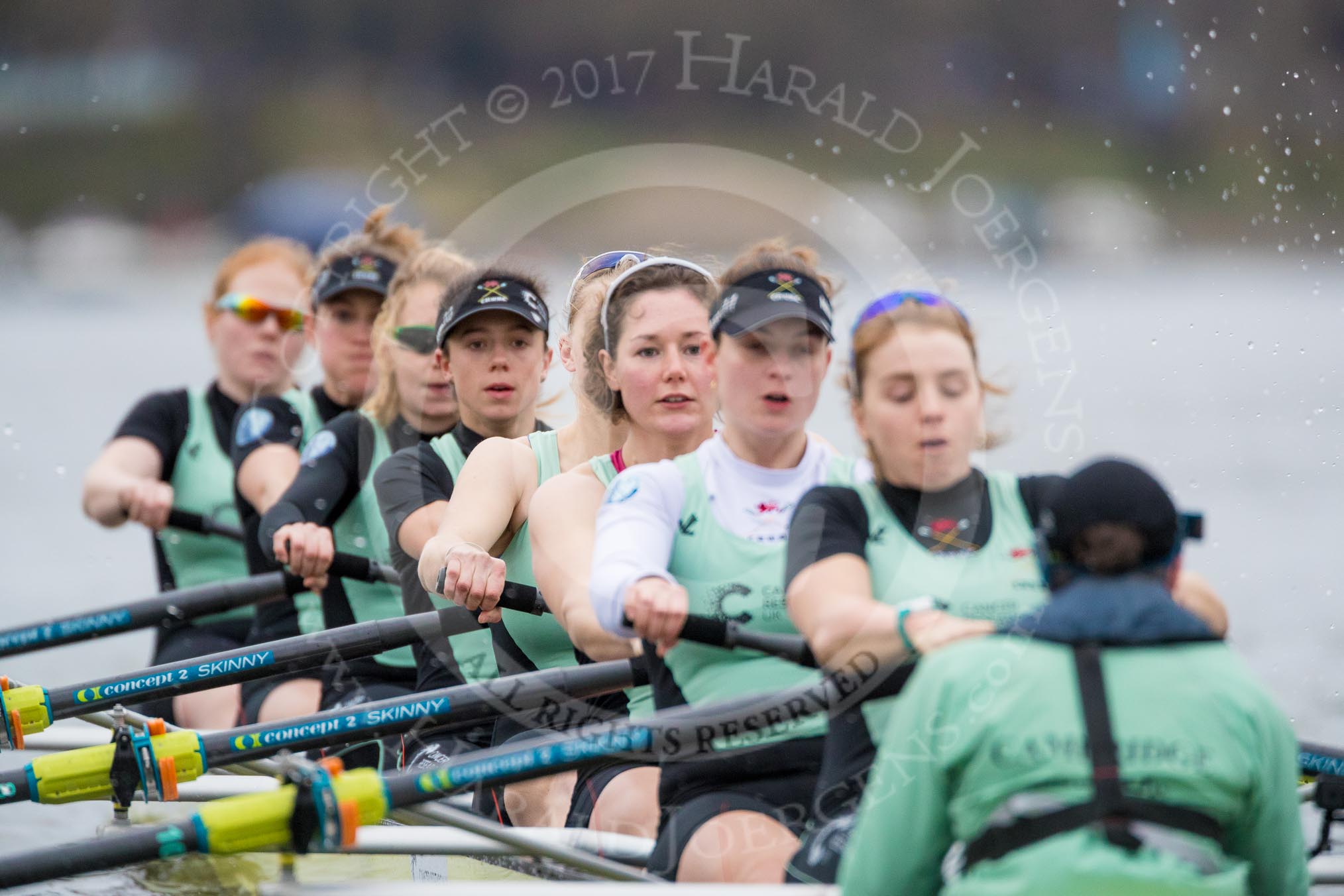 The Boat Race season 2017 - Women's Boat Race Fixture CUWBC vs Univerity of London: The CUWBC eight at the start of the race, cox - Matthew Holland, stroke - Alice White, 7 - Myriam Goudet, 6 - Melissa Wilson, 5 - Holy Hill, 4 - Imogen Grant, 3 - Ashton Brown, 2 - Kirsten Van Fosen, bow - Claire Lambe.
River Thames between Putney Bridge and Mortlake,
London SW15,

United Kingdom,
on 19 February 2017 at 16:01, image #62