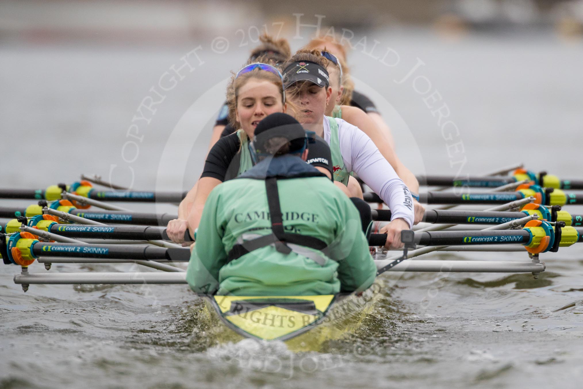 The Boat Race season 2017 - Women's Boat Race Fixture CUWBC vs Univerity of London: The CUWBC eight at the start of the race, cox - Matthew Holland, stroke - Alice White, 7 - Myriam Goudet, 6 - Melissa Wilson, 5 - Holy Hill, 4 - Imogen Grant, 3 - Ashton Brown, 2 - Kirsten Van Fosen, bow - Claire Lambe.
River Thames between Putney Bridge and Mortlake,
London SW15,

United Kingdom,
on 19 February 2017 at 16:01, image #65