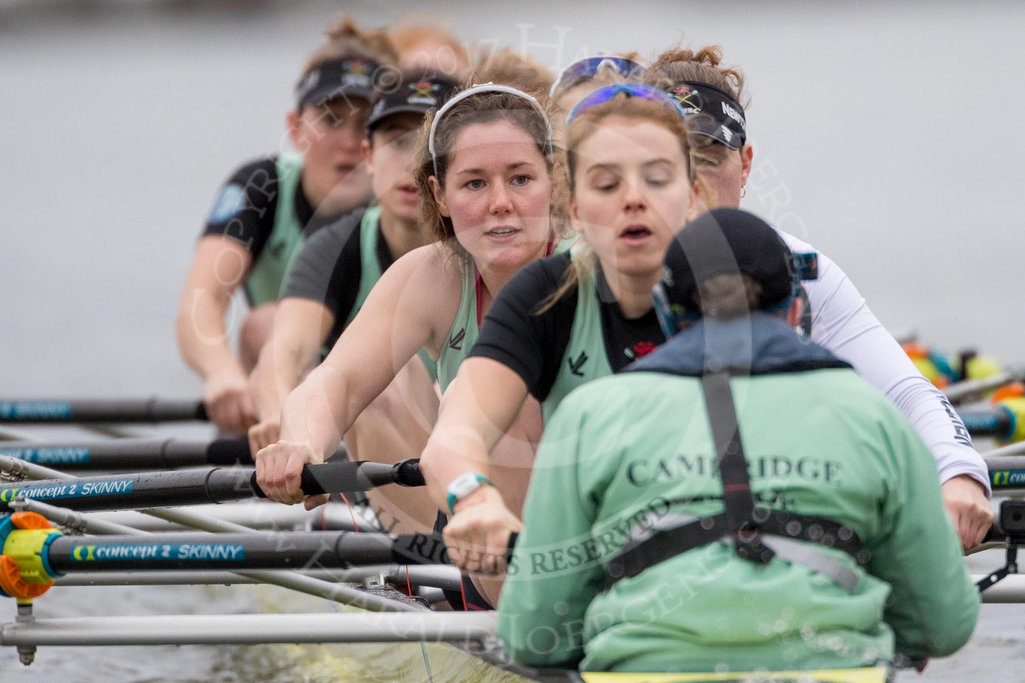 The Boat Race season 2017 - Women's Boat Race Fixture CUWBC vs Univerity of London: The CUWBC eight at the start of the race, cox - Matthew Holland, stroke - Alice White, 7 - Myriam Goudet, 6 - Melissa Wilson, 5 - Holy Hill, 4 - Imogen Grant, 3 - Ashton Brown, 2 - Kirsten Van Fosen, bow - Claire Lambe.
River Thames between Putney Bridge and Mortlake,
London SW15,

United Kingdom,
on 19 February 2017 at 16:01, image #68