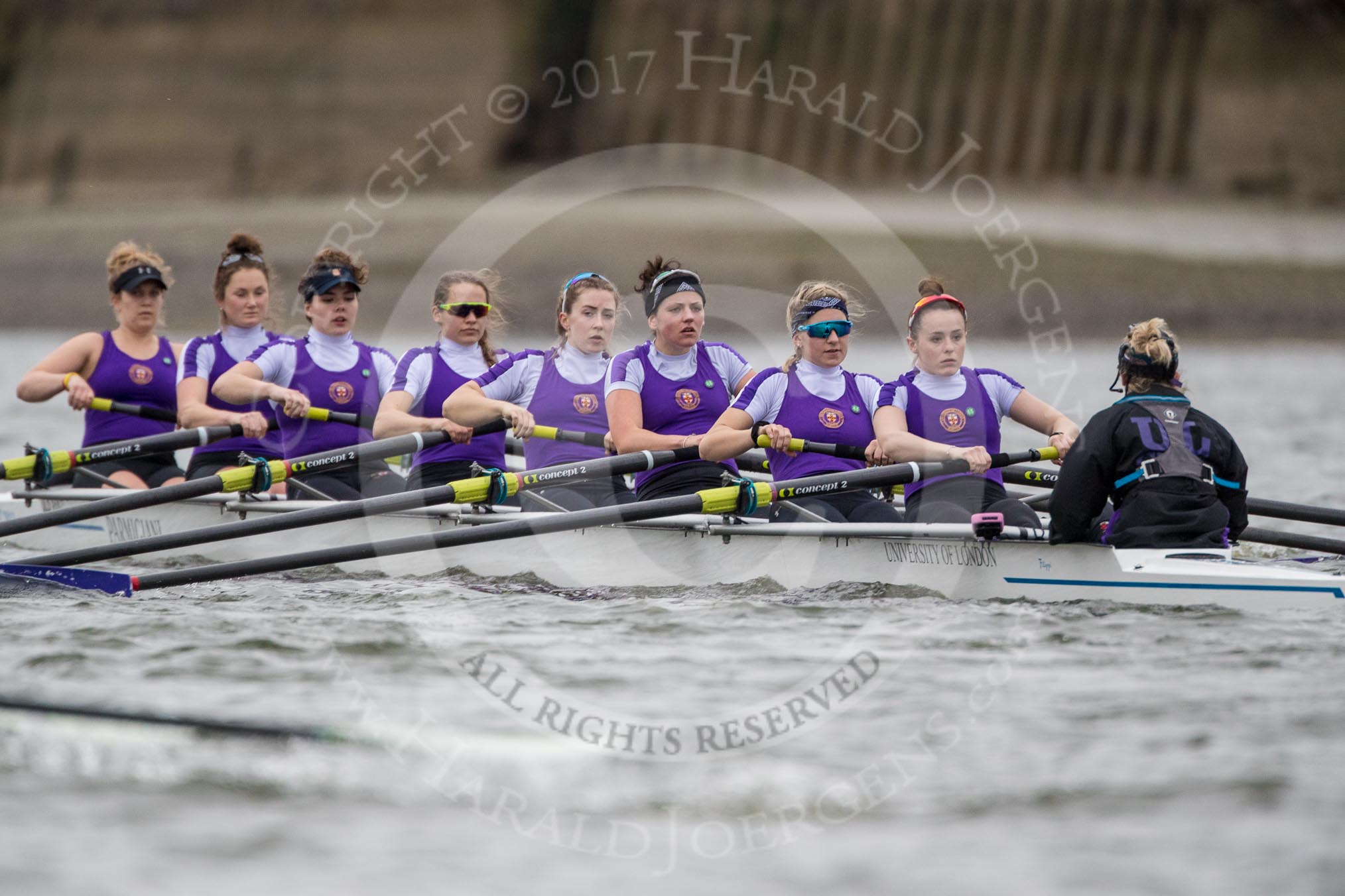 The Boat Race season 2017 - Women's Boat Race Fixture CUWBC vs Univerity of London: The UL eigth, bow - Emily Wilks, 2 - Catherine Ador, 3 - Fionnuala Gannon, 4 - Sara Parfett, 5 - Charlotte Hodgkins-Byrne, 6 - Georgia Stratham, 7 - Ally French, stroke - Robyn Hart-Winks, cox - Lauren Holland.
River Thames between Putney Bridge and Mortlake,
London SW15,

United Kingdom,
on 19 February 2017 at 16:17, image #107