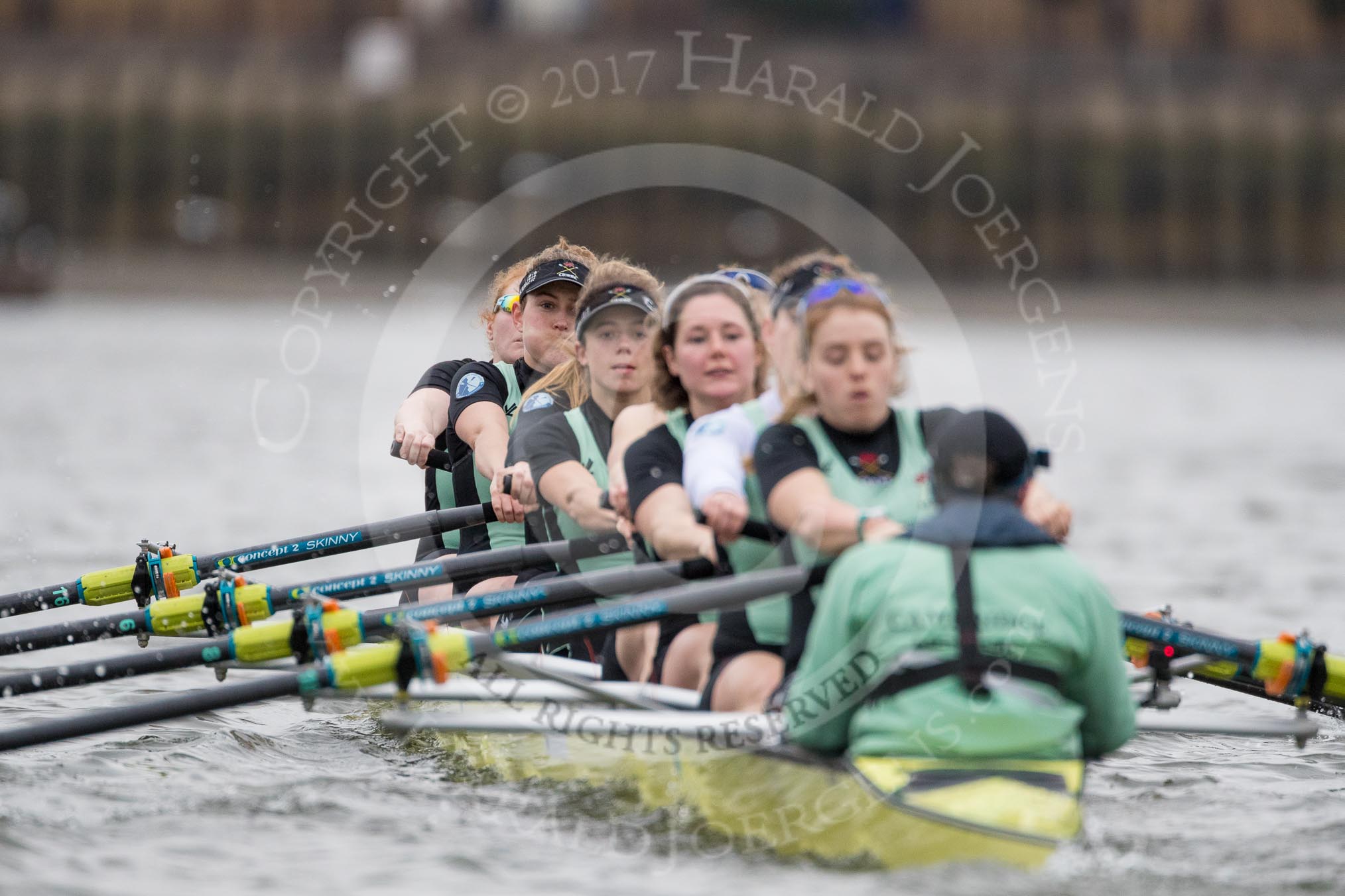 The Boat Race season 2017 - Women's Boat Race Fixture CUWBC vs Univerity of London: The CUWBC eight on the way to a flying start for the second piece of the fixture, bow - Claire Lambe, 2 - Kirsten Van Fosen, 3 - Ashton Brown, 4 - Imogen Grant, 5 - Holy Hill, 6 - Melissa Wilson, 7 - Myriam Goudet, stroke - Alice White, cox - Matthew Holland.
River Thames between Putney Bridge and Mortlake,
London SW15,

United Kingdom,
on 19 February 2017 at 16:19, image #108