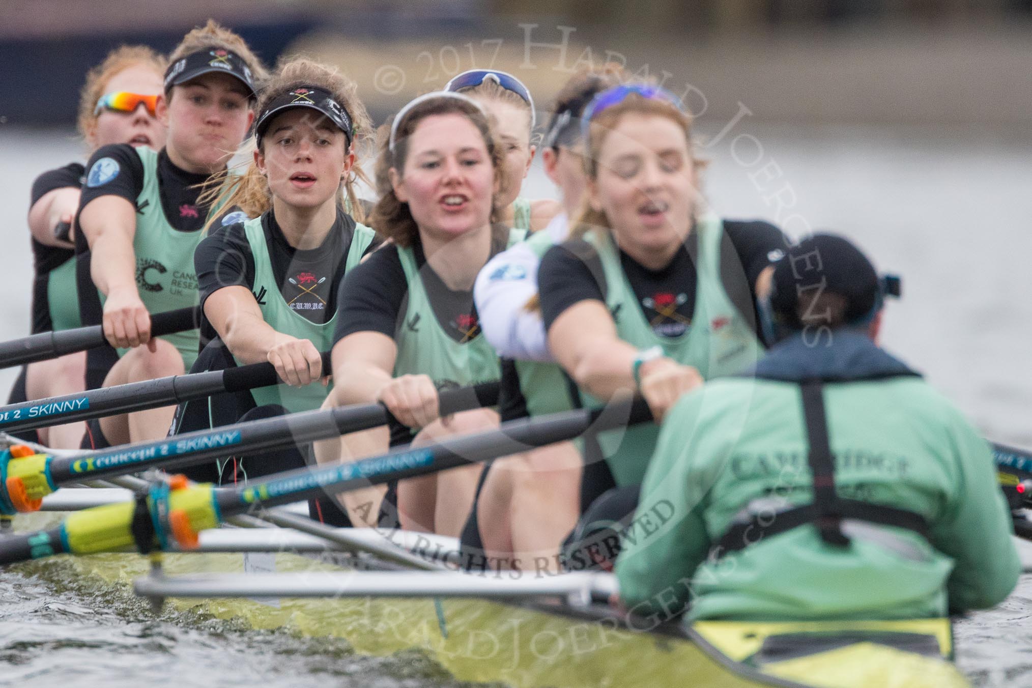 The Boat Race season 2017 - Women's Boat Race Fixture CUWBC vs Univerity of London: The CUWBC eight starting the second piece of the fixture, bow - Claire Lambe, 2 - Kirsten Van Fosen, 3 - Ashton Brown, 4 - Imogen Grant, 5 - Holy Hill, 6 - Melissa Wilson, 7 - Myriam Goudet, stroke - Alice White, cox - Matthew Holland.
River Thames between Putney Bridge and Mortlake,
London SW15,

United Kingdom,
on 19 February 2017 at 16:20, image #114