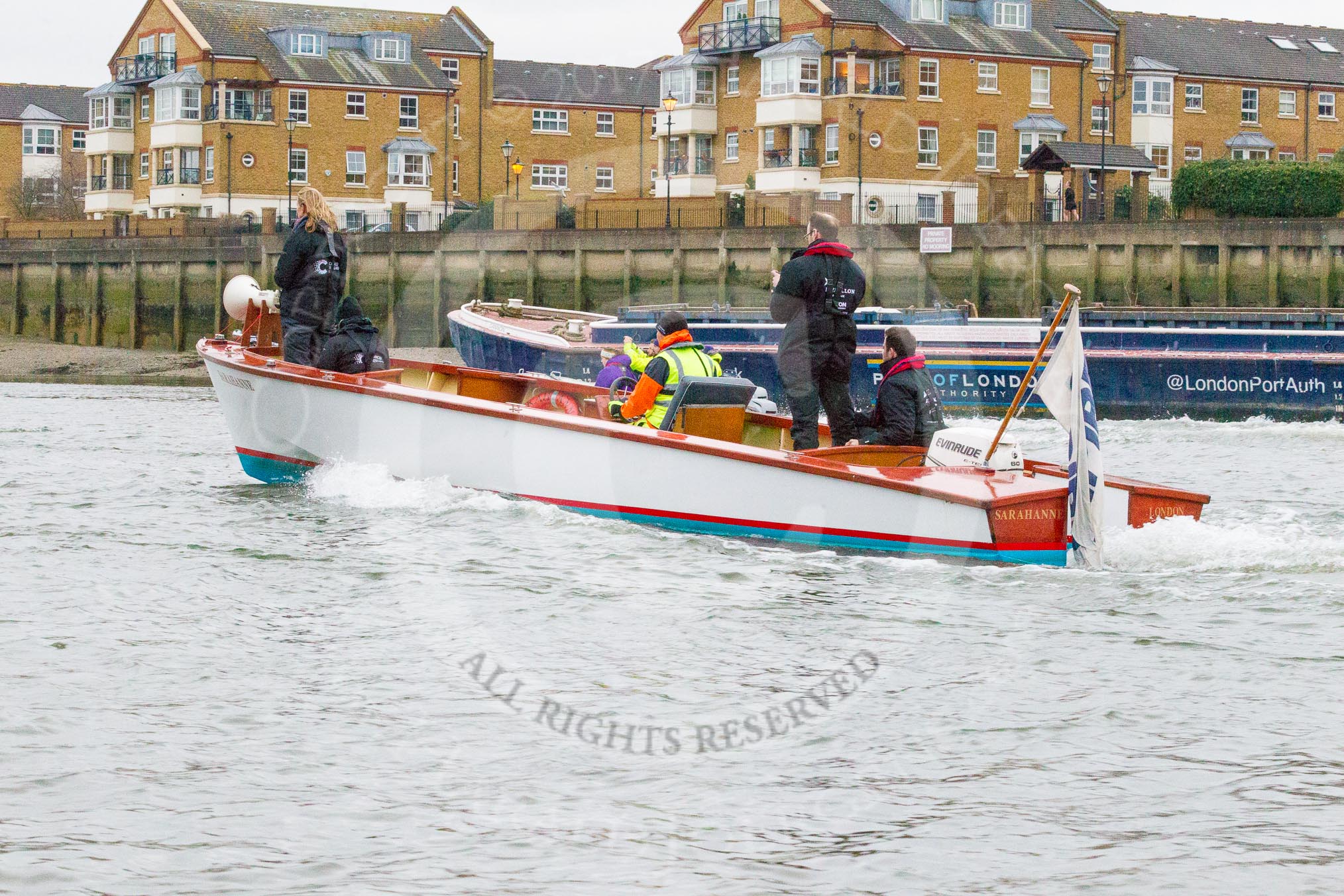 The Boat Race season 2017 - Women's Boat Race Fixture CUWBC vs Univerity of London: Race umpire Sarah Winckless in the umpire's launch at the flying start to the second piece of the fixture.
River Thames between Putney Bridge and Mortlake,
London SW15,

United Kingdom,
on 19 February 2017 at 16:20, image #116