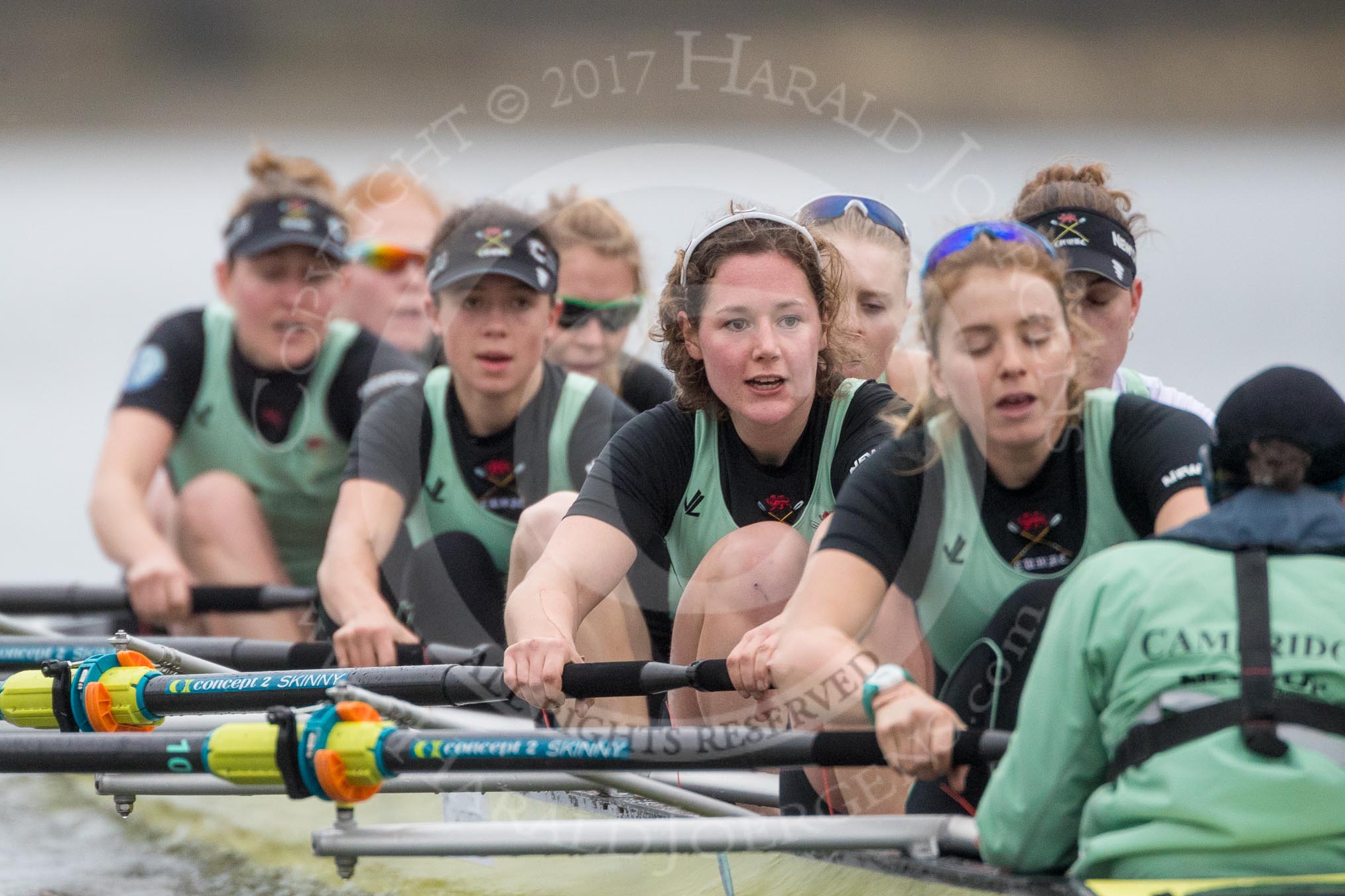 The Boat Race season 2017 - Women's Boat Race Fixture CUWBC vs Univerity of London: The CUWBC after the start of the second piece of the fixture, bow - Claire Lambe, 2 - Kirsten Van Fosen, 3 - Ashton Brown, 4 - Imogen Grant, 5 - Holy Hill, 6 - Melissa Wilson, 7 - Myriam Goudet, stroke - Alice White, cox - Matthew Holland.
River Thames between Putney Bridge and Mortlake,
London SW15,

United Kingdom,
on 19 February 2017 at 16:22, image #123