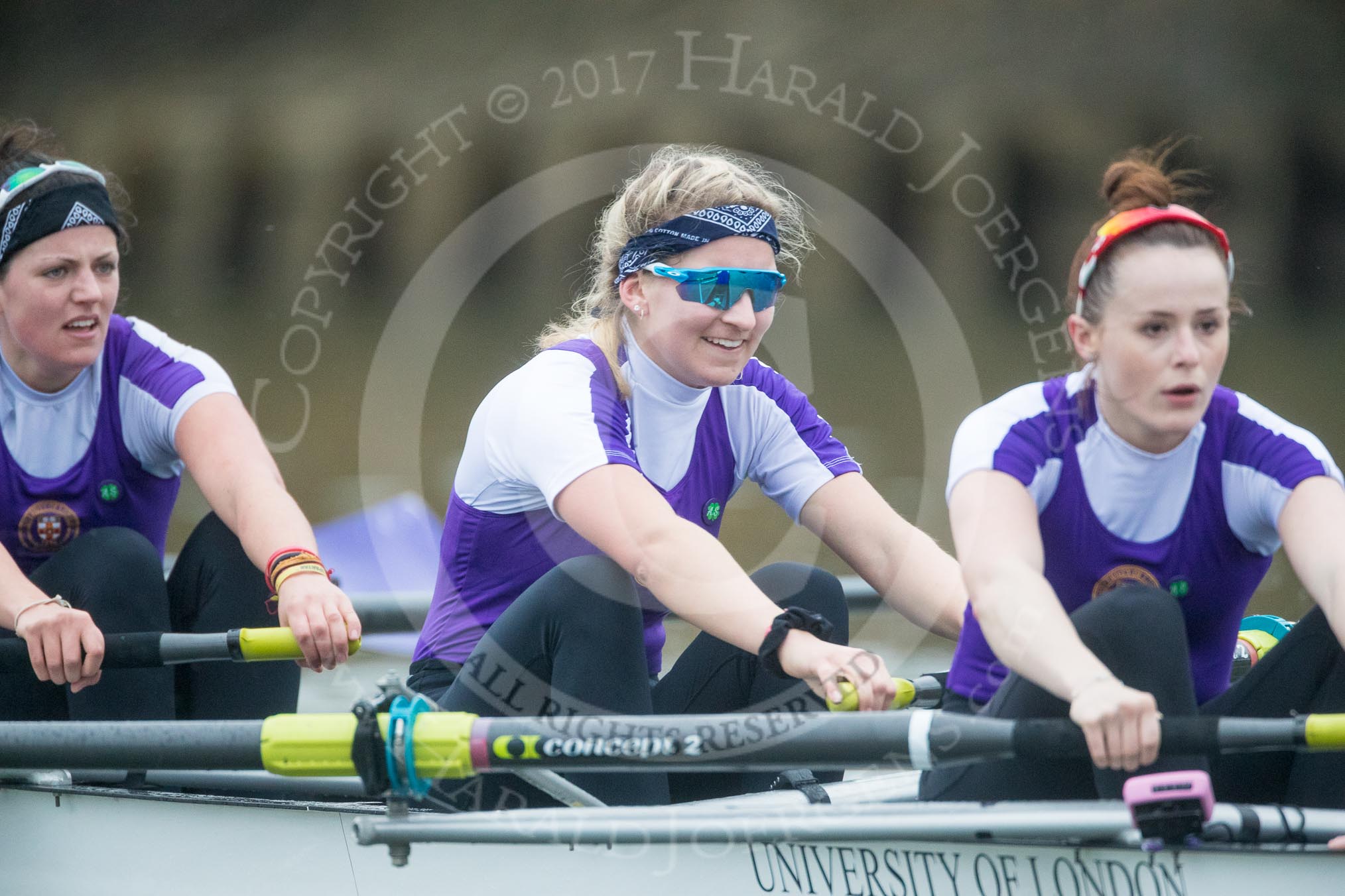 The Boat Race season 2017 - Women's Boat Race Fixture CUWBC vs Univerity of London: The UL boat, here 6 - Georgia Stratham, 7 - Ally French, stroke - Robyn Hart-Winks.
River Thames between Putney Bridge and Mortlake,
London SW15,

United Kingdom,
on 19 February 2017 at 16:23, image #127