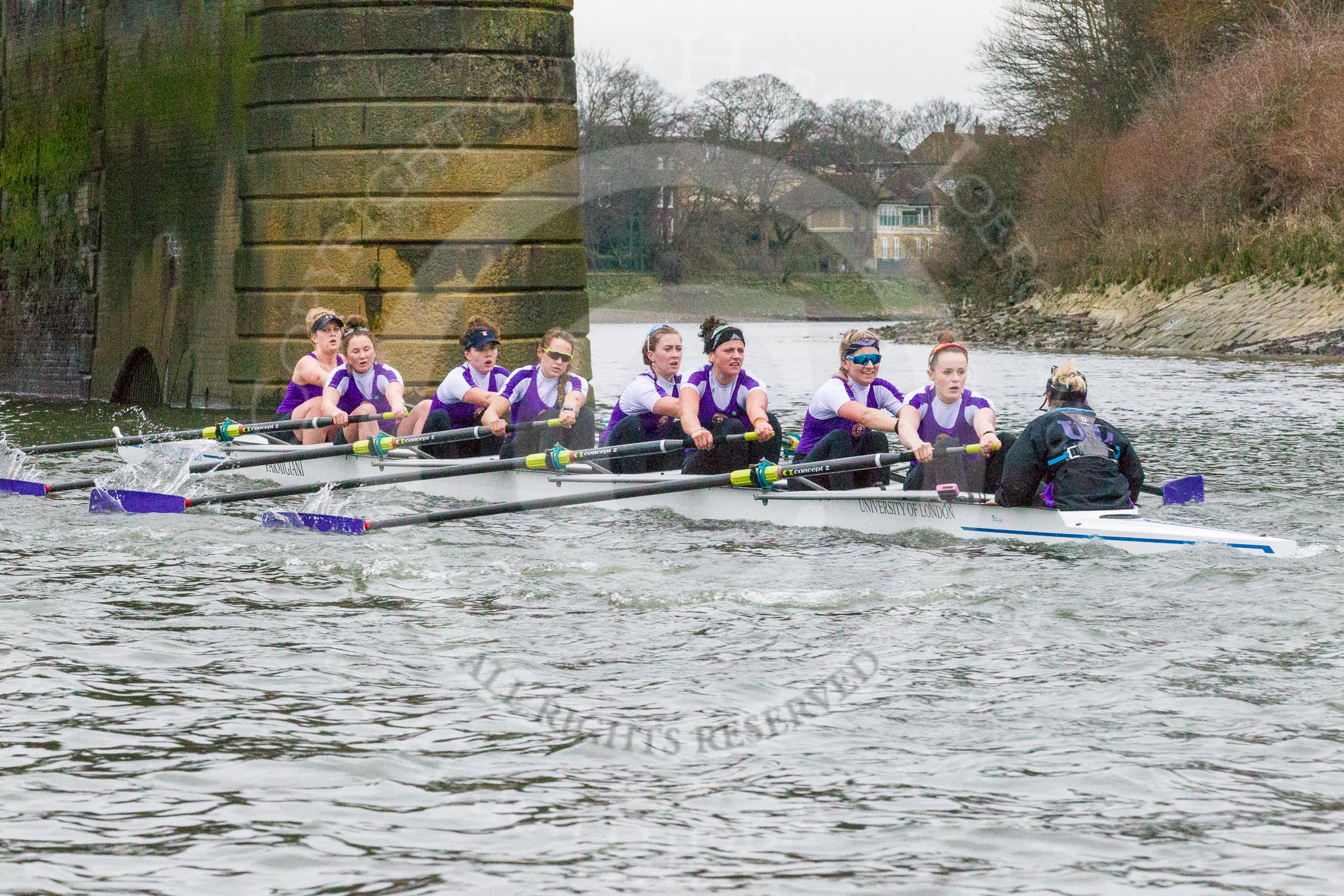 The Boat Race season 2017 - Women's Boat Race Fixture CUWBC vs Univerity of London: The UL eigth at Barnes Bridge, bow - Emily Wilks, 2 - Catherine Ador, 3 - Fionnuala Gannon, 4 - Sara Parfett, 5 - Charlotte Hodgkins-Byrne, 6 - Georgia Stratham, 7 - Ally French, stroke - Robyn Hart-Winks, cox - Lauren Holland.
River Thames between Putney Bridge and Mortlake,
London SW15,

United Kingdom,
on 19 February 2017 at 16:24, image #129