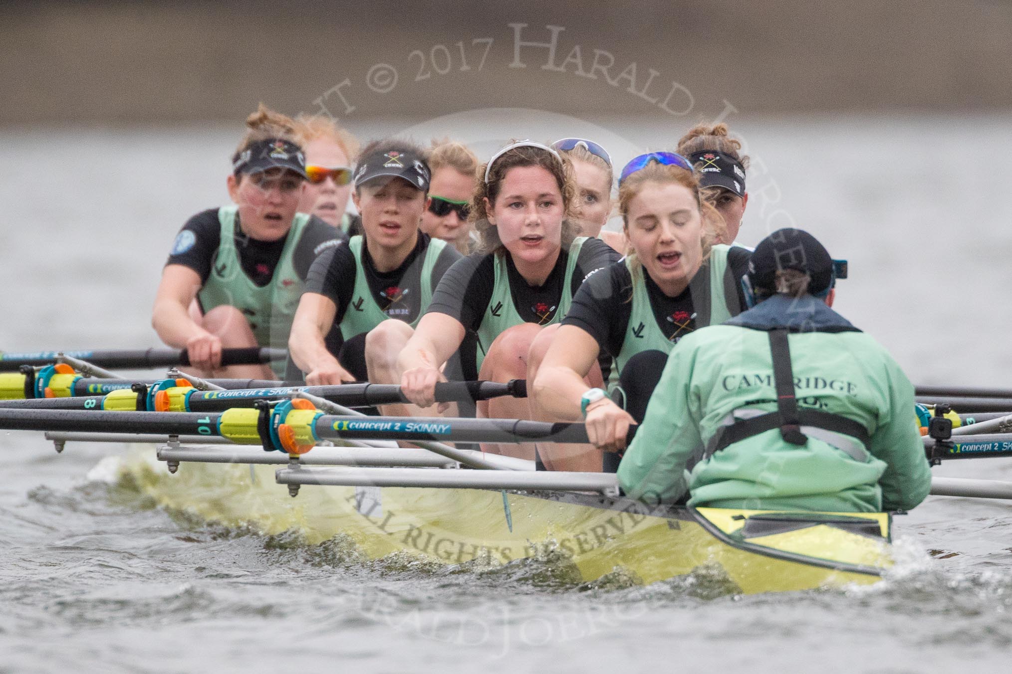 The Boat Race season 2017 - Women's Boat Race Fixture CUWBC vs Univerity of London: The CUWBC eight, bow - Claire Lambe, 2 - Kirsten Van Fosen, 3 - Ashton Brown, 4 - Imogen Grant, 5 - Holy Hill, 6 - Melissa Wilson, 7 - Myriam Goudet, stroke - Alice White, cox - Matthew Holland.
River Thames between Putney Bridge and Mortlake,
London SW15,

United Kingdom,
on 19 February 2017 at 16:25, image #135