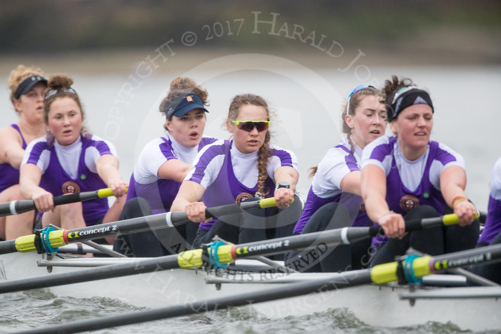 The Boat Race season 2017 - Women's Boat Race Fixture CUWBC vs Univerity of London: The UL boat, here bow - Emily Wilks, 2 - Catherine Ador, 3 - Fionnuala Gannon, 4 - Sara Parfett, 5 - Charlotte Hodgkins-Byrne, 6 - Georgia Stratham.
River Thames between Putney Bridge and Mortlake,
London SW15,

United Kingdom,
on 19 February 2017 at 16:25, image #137