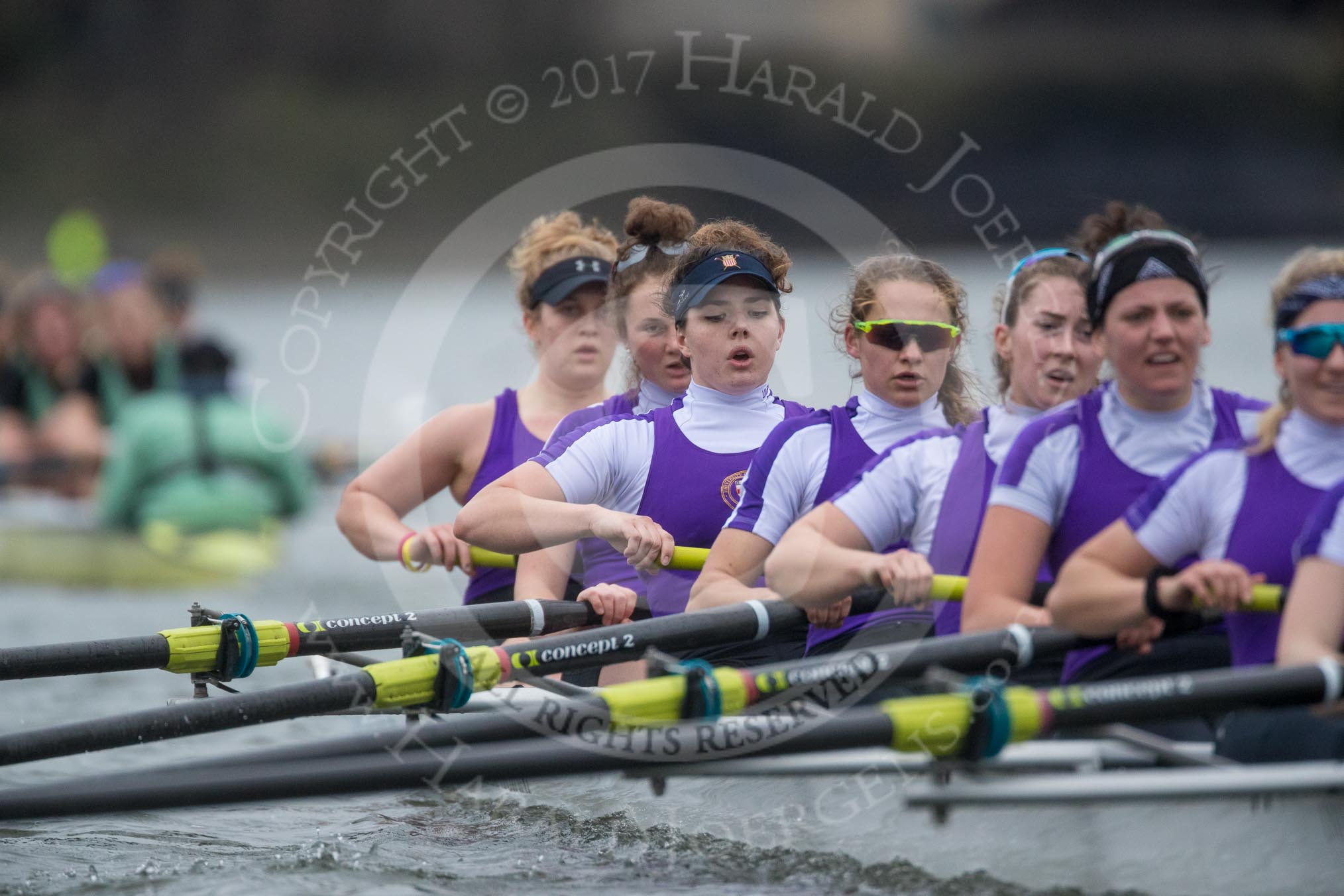 The Boat Race season 2017 - Women's Boat Race Fixture CUWBC vs Univerity of London: The UL eight behind the CUWBC boat, bow - Emily Wilks, 2 - Catherine Ador, 3 - Fionnuala Gannon, 4 - Sara Parfett, 5 - Charlotte Hodgkins-Byrne, 6 - Georgia Stratham, 7 - Ally French, stroke - Robyn Hart-Winks, cox - Lauren Holland.
River Thames between Putney Bridge and Mortlake,
London SW15,

United Kingdom,
on 19 February 2017 at 16:27, image #142