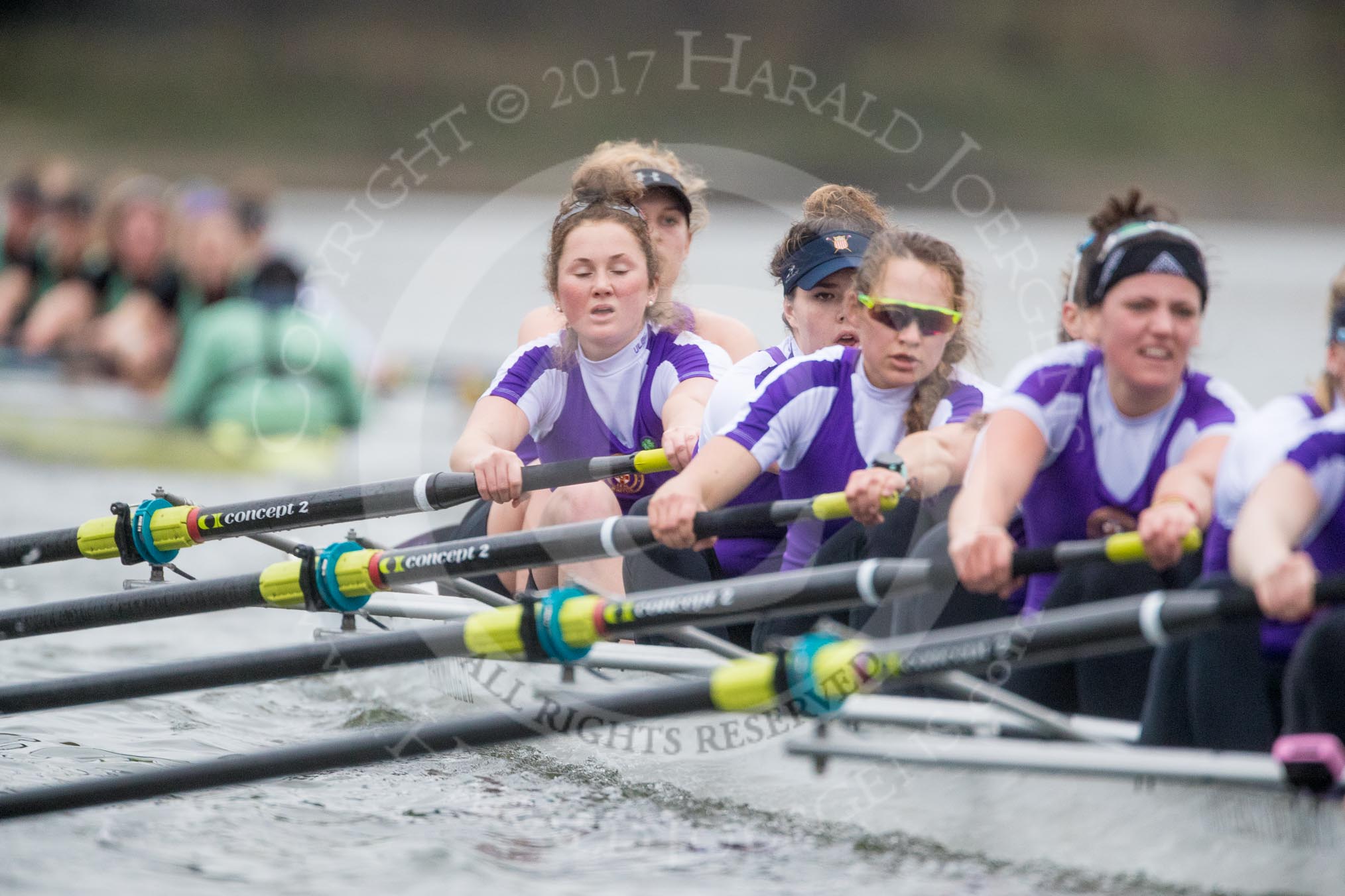 The Boat Race season 2017 - Women's Boat Race Fixture CUWBC vs Univerity of London: The UL boat with bow - Emily Wilks, 2 - Catherine Ador, 3 - Fionnuala Gannon, 4 - Sara Parfett, 5 - Charlotte Hodgkins-Byrne, 6 - Georgia Stratham, 7 - Ally French, stroke - Robyn Hart-Winks, cox - Lauren Holland.
River Thames between Putney Bridge and Mortlake,
London SW15,

United Kingdom,
on 19 February 2017 at 16:28, image #144