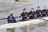 The Boat Race season 2017 - Women's Boat Race Fixture CUWBC vs Univerity of London: The UL boat before the reace, here cox - Lauren Holland, stroke - Robyn Hart-Winks, 7 - Ally French, 6 - Georgia Stratham, 5 - Charlotte Hodgkins-Byrne.
River Thames between Putney Bridge and Mortlake,
London SW15,

United Kingdom,
on 19 February 2017 at 15:22, image #18