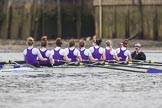 The Boat Race season 2017 - Women's Boat Race Fixture CUWBC vs Univerity of London: The UL eight before the start of the race, bow - Emily Wilks, 2 - Catherine Ador, 3 - Fionnuala Gannon, 4 - Sara Parfett, 5 - Charlotte Hodgkins-Byrne, 6 - Georgia Stratham, 7 - Ally French, stroke - Robyn Hart-Winks, cox - Lauren Holland.
River Thames between Putney Bridge and Mortlake,
London SW15,

United Kingdom,
on 19 February 2017 at 15:50, image #26