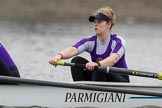 The Boat Race season 2017 - Women's Boat Race Fixture CUWBC vs Univerity of London: stroke - Robyn Hart-Winks, here Emily Wilks (bow).
River Thames between Putney Bridge and Mortlake,
London SW15,

United Kingdom,
on 19 February 2017 at 15:51, image #27