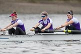 The Boat Race season 2017 - Women's Boat Race Fixture CUWBC vs Univerity of London: The UL eight before the start of the race,  stroke - Robyn Hart-Winks, 7 - Ally French, 6 - Georgia Stratham.
River Thames between Putney Bridge and Mortlake,
London SW15,

United Kingdom,
on 19 February 2017 at 15:51, image #30