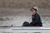 The Boat Race season 2017 - Women's Boat Race Fixture CUWBC vs Univerity of London: The UL eight before the start of the race, here cox Lauren Holland, wearing a GoPrp camera on her  headband.
River Thames between Putney Bridge and Mortlake,
London SW15,

United Kingdom,
on 19 February 2017 at 15:57, image #47