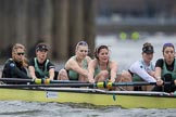 The Boat Race season 2017 - Women's Boat Race Fixture CUWBC vs Univerity of London: The CUWBC eight before the start of the race, 3 - Ashton Brown, 4 - Imogen Grant, 5 - Holy Hill, 6 - Melissa Wilson, 7 - Myriam Goudet, stroke - Alice White.
River Thames between Putney Bridge and Mortlake,
London SW15,

United Kingdom,
on 19 February 2017 at 15:58, image #50