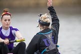 The Boat Race season 2017 - Women's Boat Race Fixture CUWBC vs Univerity of London: The UL eight before the start of the race,  stroke - Robyn Hart-Winks, cox - Lauren Holland.
River Thames between Putney Bridge and Mortlake,
London SW15,

United Kingdom,
on 19 February 2017 at 16:00, image #58