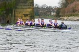 The Boat Race season 2017 - Women's Boat Race Fixture CUWBC vs Univerity of London: The UL eigth at Barnes Bridge, bow - Emily Wilks, 2 - Catherine Ador, 3 - Fionnuala Gannon, 4 - Sara Parfett, 5 - Charlotte Hodgkins-Byrne, 6 - Georgia Stratham, 7 - Ally French, stroke - Robyn Hart-Winks, cox - Lauren Holland.
River Thames between Putney Bridge and Mortlake,
London SW15,

United Kingdom,
on 19 February 2017 at 16:24, image #129